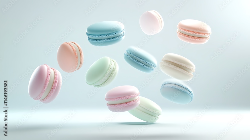 Pastel macarons in motion in a playful arrangement that produces a dynamic, floating effect with realistic shadows, ideal for designs with a dessert theme. Pastel macarons in motion in a playful arrangement that produces a dynamic, floating effect with realistic shadows, ideal for designs with a dessert theme.