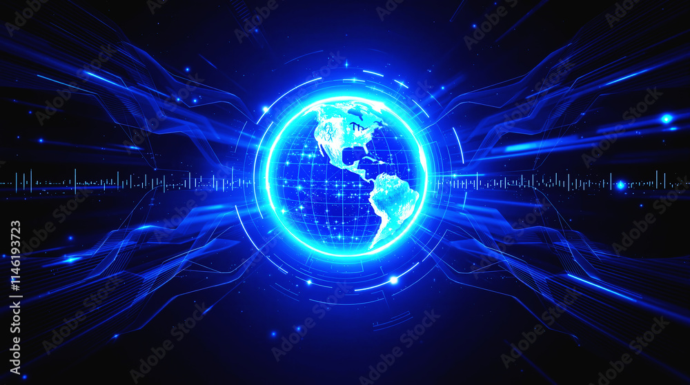 High-Tech Virtual Earth Enclosed by Glowing Data Rings and Light Networks High-Tech Virtual Earth Enclosed by Glowing Data Rings and Light Networks