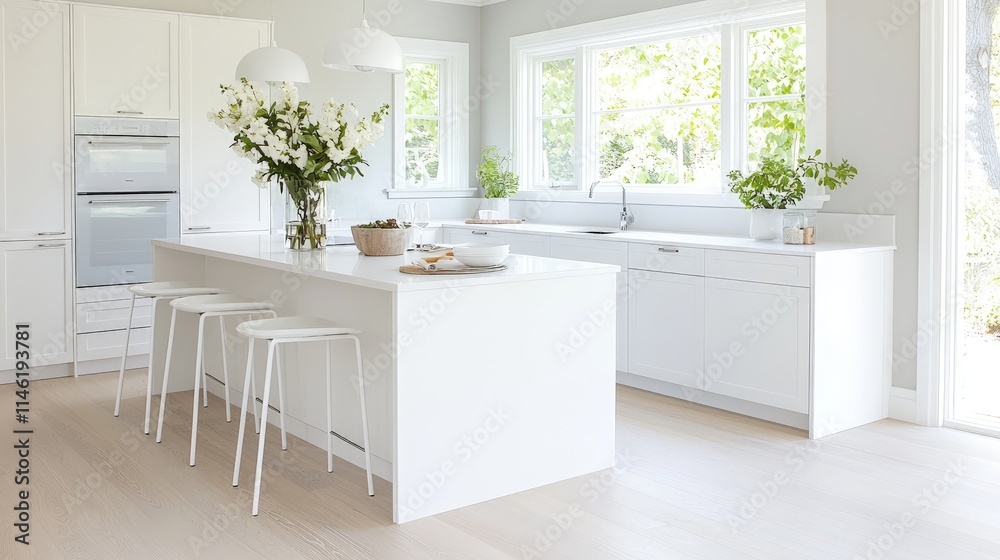 Bright white kitchen island with stools, large windows, and flowers. Bright white kitchen island with stools, large windows, and flowers.