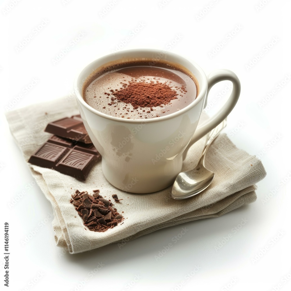 Aromatic hot chocolate drink served in white mug with cocoa powder topping, accompanied by chocolate shavings and pieces, creating a cozy winter treat Aromatic hot chocolate drink served in white mug with cocoa powder topping, accompanied by chocolate shavings and pieces, creating a cozy winter treat