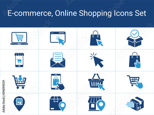 Set of E-commerce Shopping Icons. including online shopping,
carts, packages, delivery, and store locations. Simple, flat design