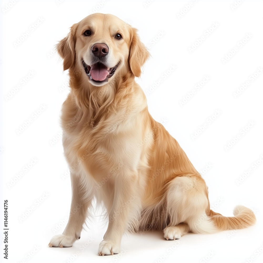 Golden retriever sitting on white background, happy expression, detailed fur coat Golden retriever sitting on white background, happy expression, detailed fur coat