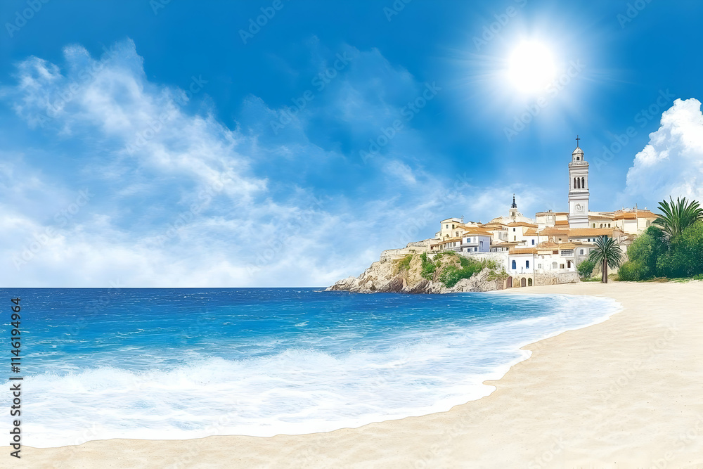 Fototapeta premium Coastal Town Summer Illustration