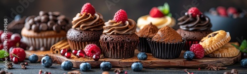 Many cupcakes with chocolate frosting and berries on a wooden board, food background, banner photo