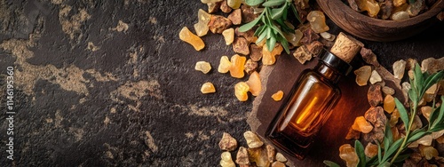 Flower and herbal extract in a bottle. Selective focus.