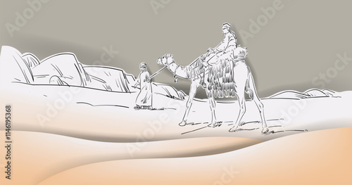 Sketch hand drawing silhouttes camel caravan on desert background on papercut style. Design for islamic eid adha and ramadan karem banner, card and poster.