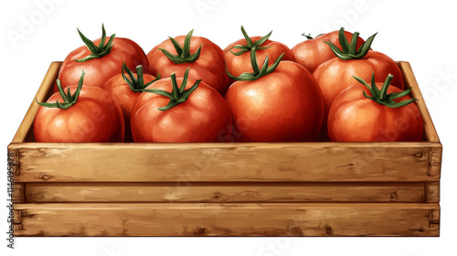 A wooden box filled with ripe red tomatoes on a transparent background.