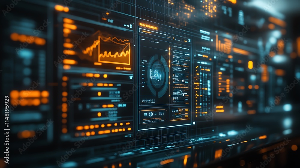 Futuristic Digital Interface Displays Data Graphs and Codes