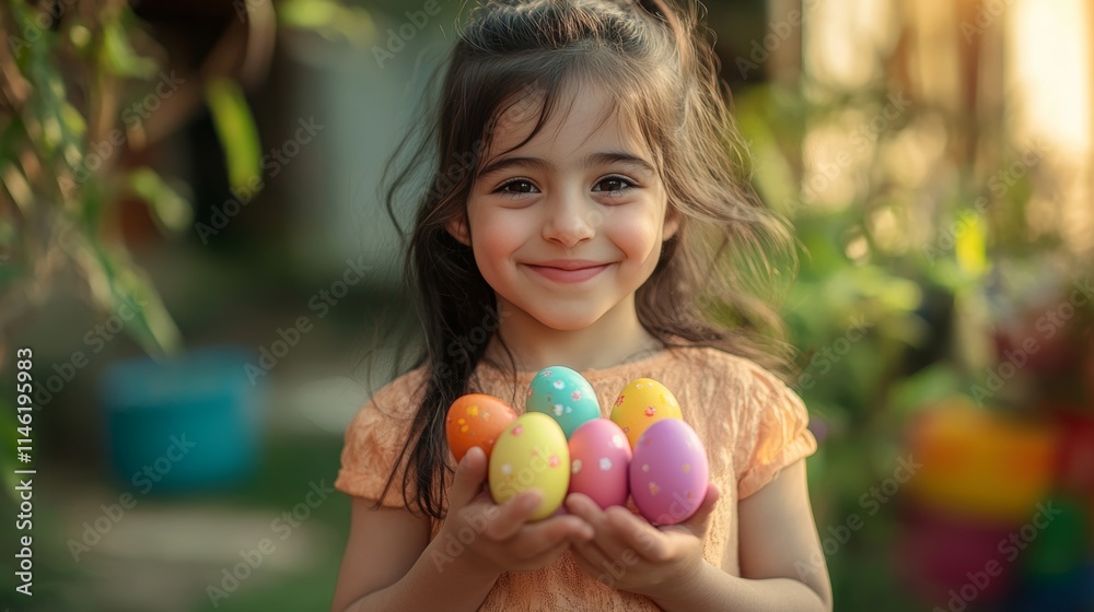 A young girl joyfully holding colorful easter eggs in a festive celebration scene A young girl joyfully holding colorful easter eggs in a festive celebration scene