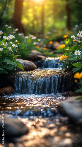 Vertical forest stream with cascading waterfalls, daisies and yellow wildflowers in warm sunlight, perfect for nature themes, relaxation or seasonal concepts