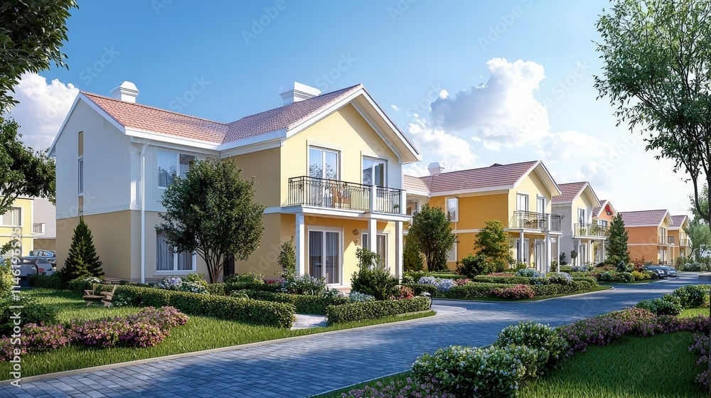Row of colorful townhouses with flowers and well-kept lawns Row of colorful townhouses with flowers and well-kept lawns