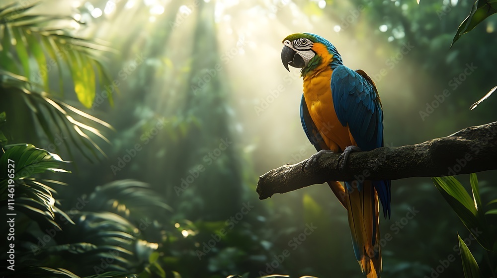 Obraz premium Blue Gold Macaw Perched On Branch In Lush Rainforest