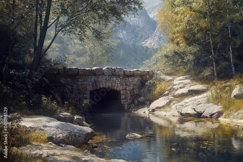 A picturesque view shows a stone bridge arching over a calm river surrounded by lush trees and rocky shores. Sunlight filters through the foliage, creating a tranquil atmosphere photo