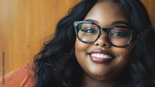 Overweight african girl smiling on camera - Plus size black young woman - Model by AI generative - Focus on face
