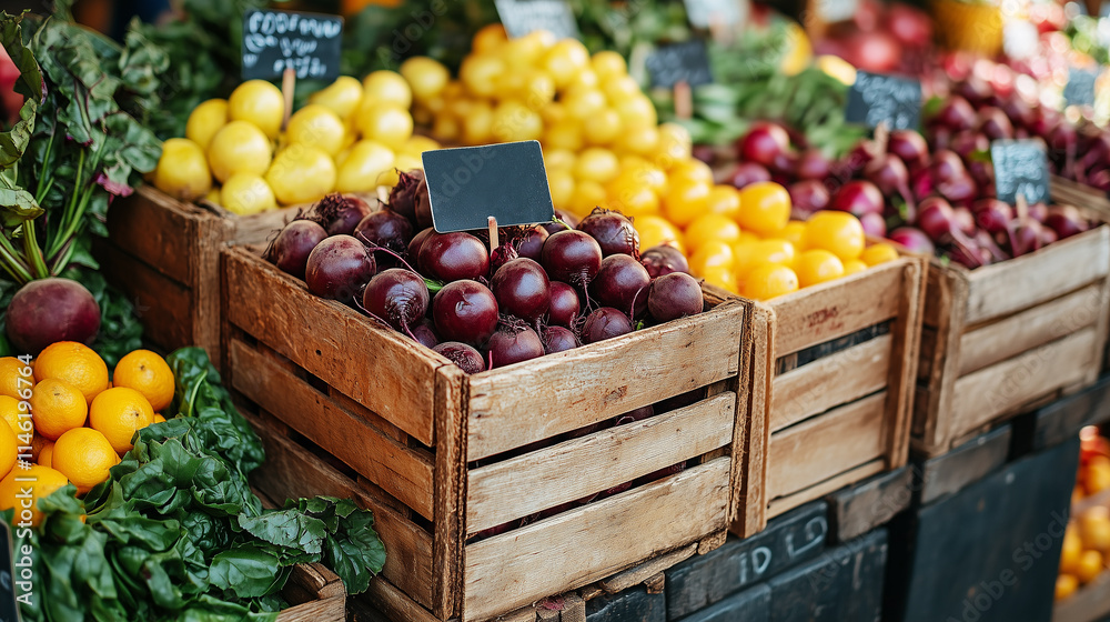 Beets in a wooden crate with a blank price tag at a farmers market.
Beets in a wooden crate with a blank price tag at a farmers market.