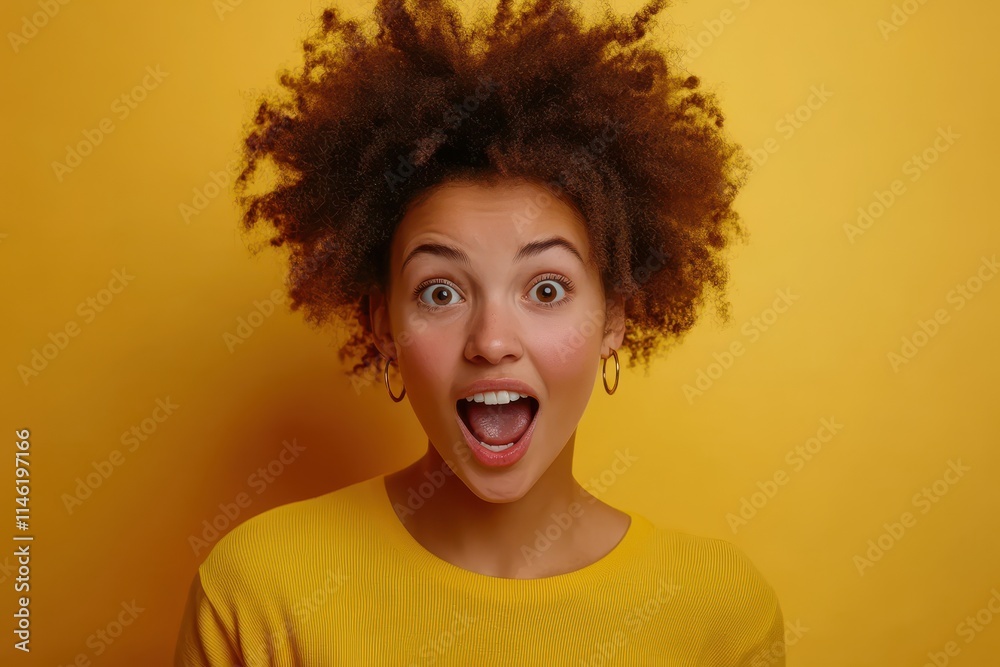 Woman with afro, wide-eyed and open-mouthed in surprise. Perfect for blogs, websites, or social media needing a shocked expression.