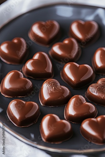 Chocolate candies hearts on a plate. Selective focus.