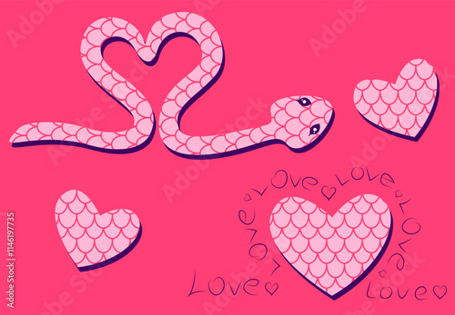 Vector seamless pattern in pink tones with hearts, heart-shaped snake, and love inscriptions.