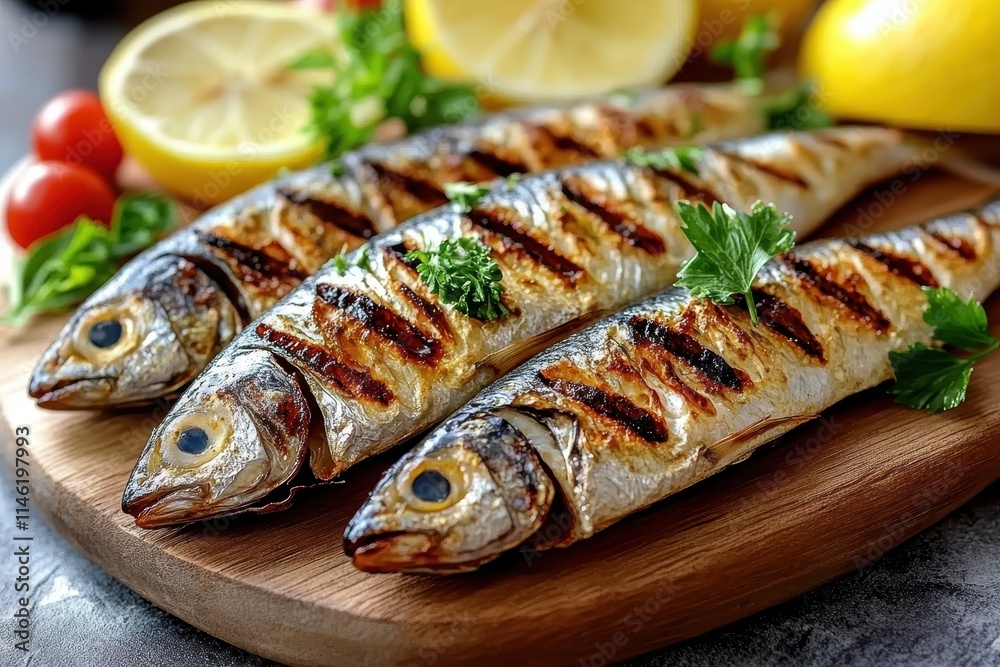 Grilled sardines on a wooden board with lemon tomato and herbs Grilled sardines on a wooden board with lemon tomato and herbs