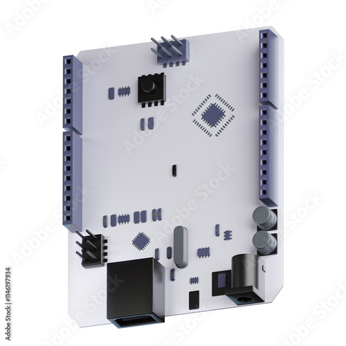 Detailed View of a 3D Modern Circuit Board icon, Highlighting Components and Connections. A Technological Marvel of Precision and Functionality.