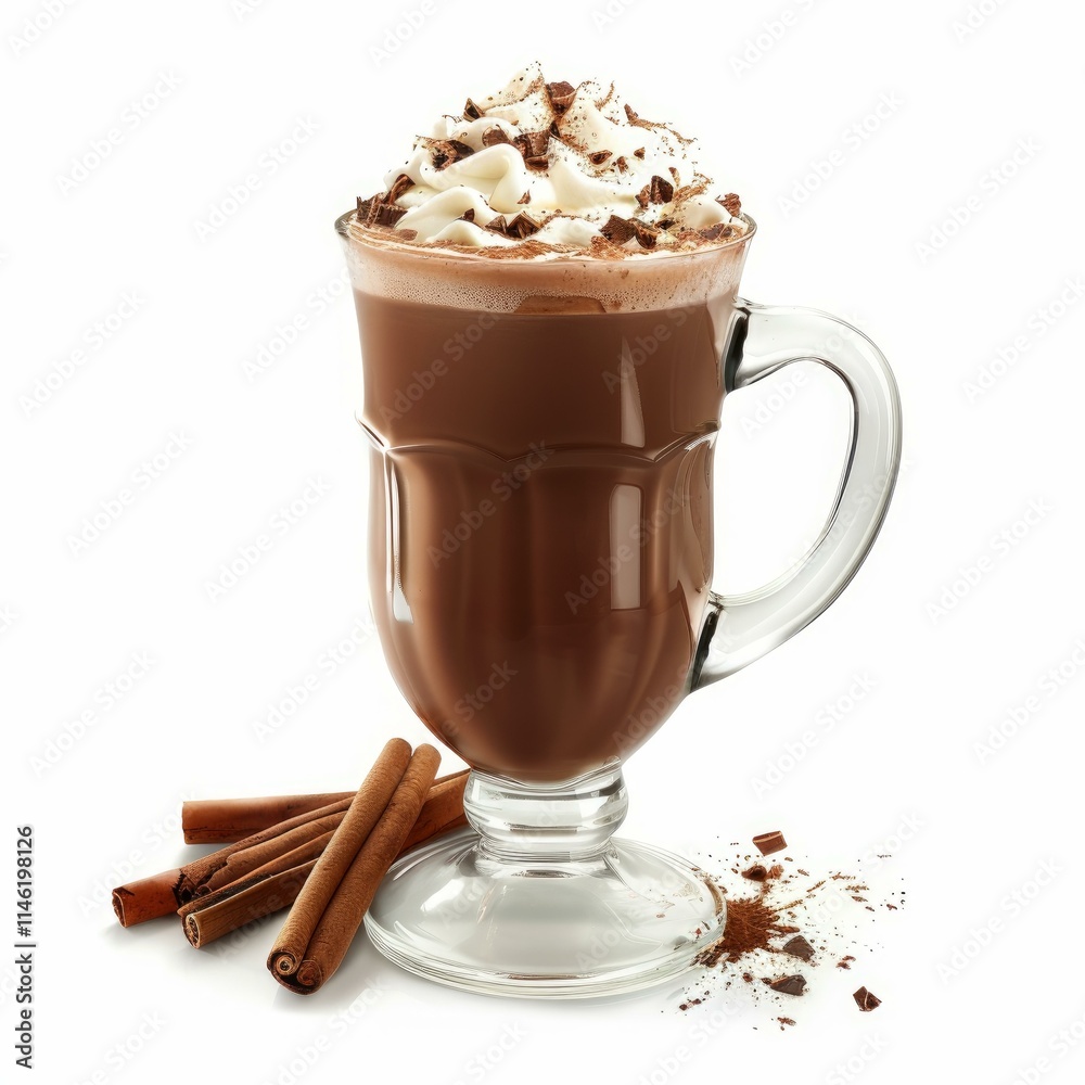 Glass cup of delicious hot chocolate with whipped cream, cinnamon sticks and chocolate shavings isolated on white Glass cup of delicious hot chocolate with whipped cream, cinnamon sticks and chocolate shavings isolated on white