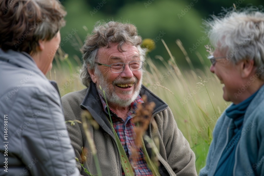 Senior couple with their teenage grandson sitting in the meadow and laughing Senior couple with their teenage grandson sitting in the meadow and laughing
