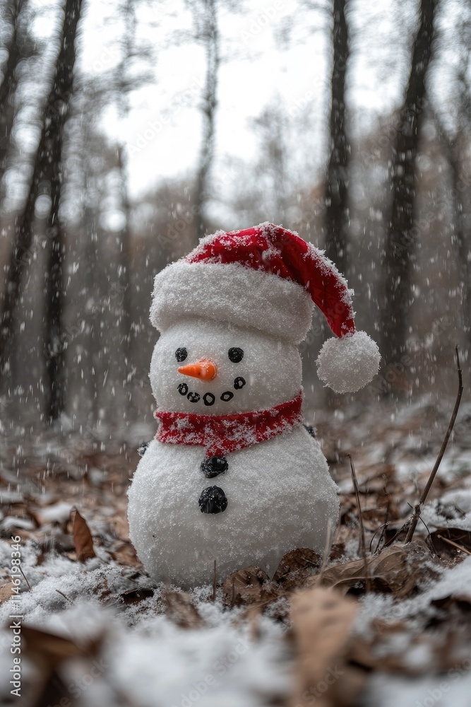 Fototapeta premium Beautiful snowman against the background of a snowy forest. Selective focus.