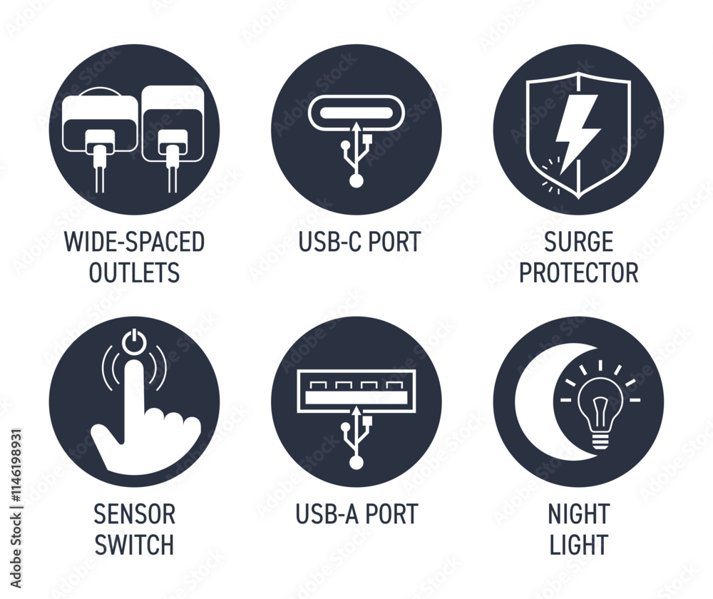Smart socket extender characteristics icons set in circular shape Smart socket extender characteristics icons set in circular shape