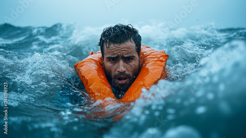 Man in life vest drowning in open sea