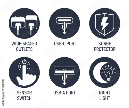 Smart socket extender characteristics icons set in circular shape