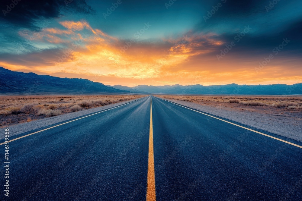 Majestic Open Road under Dramatic Sunset Skies in Desert Landscape with Mountains in the Distance and Beautiful Color Palette of Orange, Blue, and Yellow Hues Majestic Open Road under Dramatic Sunset Skies in Desert Landscape with Mountains in the Distance and Beautiful Color Palette of Orange, Blue, and Yellow Hues