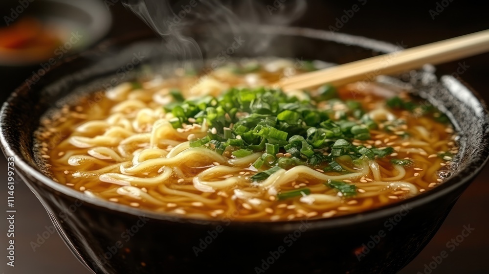 Hot steaming bowl of ramen noodles with chopsticks. Hot steaming bowl of ramen noodles with chopsticks.