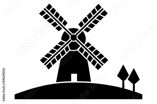 A windmill in a field vector design silhouette on white background