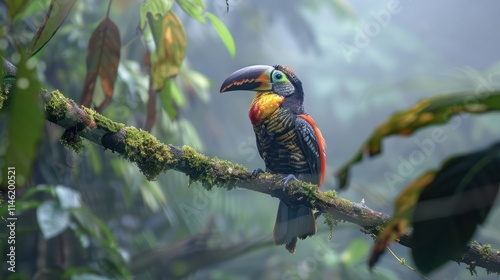 A Chestnut-eared aracari sitting on a branch of a tree calling out. This is a near-passerine bird in the toucan family Ramphastidae. photo