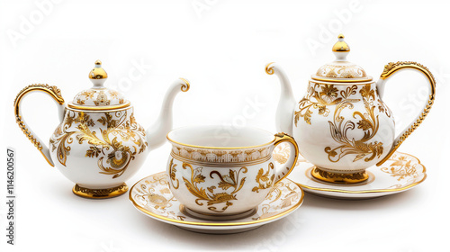Ornate Vintage Tea Set Adorned with Gold on white background.PNG