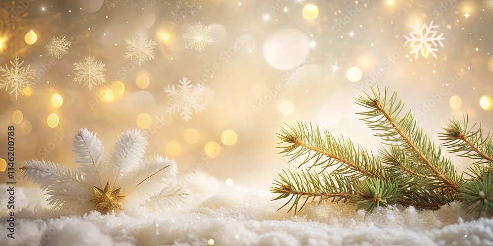 Festive Winter Wonderland Scene with Sparkling Lights and Evergreen Branches Festive Winter Wonderland Scene with Sparkling Lights and Evergreen Branches