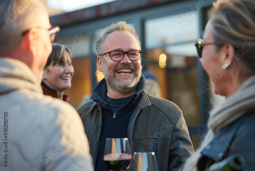 Group of friends having fun together at a rooftop party, drinking red wine