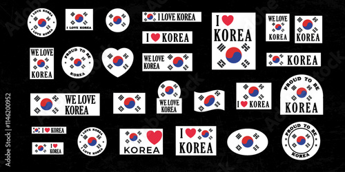 Collection of Korean Pride Stickers and Designs Featuring Korean Flag and Heart Symbols