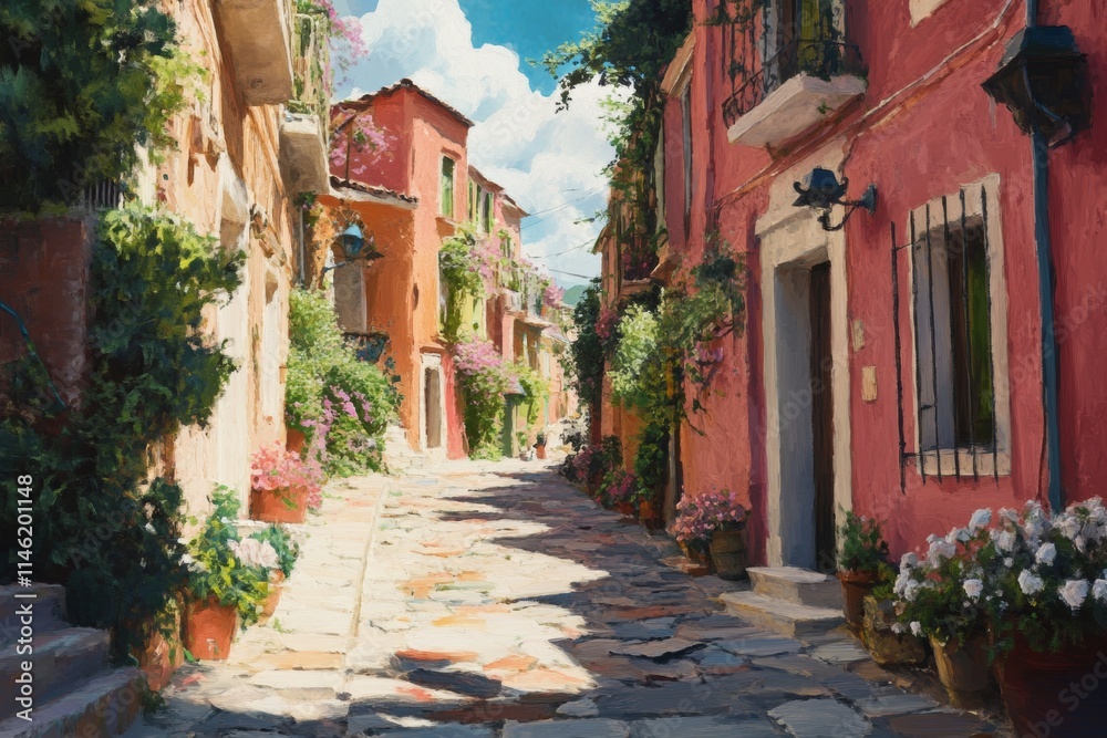 Fototapeta premium A serene cobblestone alleyway is adorned with brightly colored houses, flourishing plants, and blooming flowers. Sunlight bathes the scene, creating a tranquil atmosphere