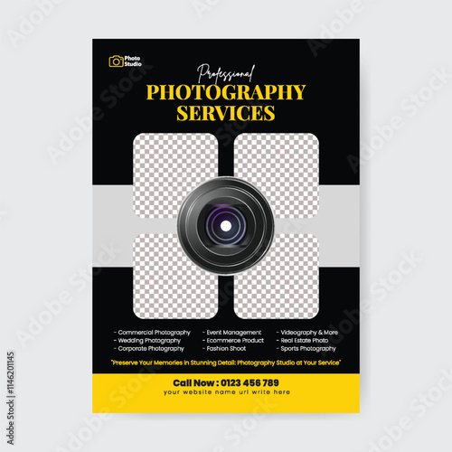 Editable print flyer or poster template for professional photography wedding event photography flyer, fashion photo shoot design, product photography workshop flyer, leaflet brochure cover design