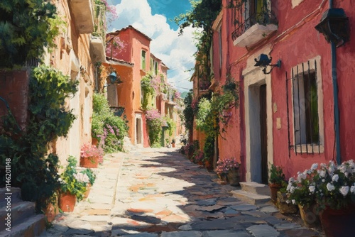 A serene cobblestone alleyway is adorned with brightly colored houses, flourishing plants, and blooming flowers. Sunlight bathes the scene, creating a tranquil atmosphere