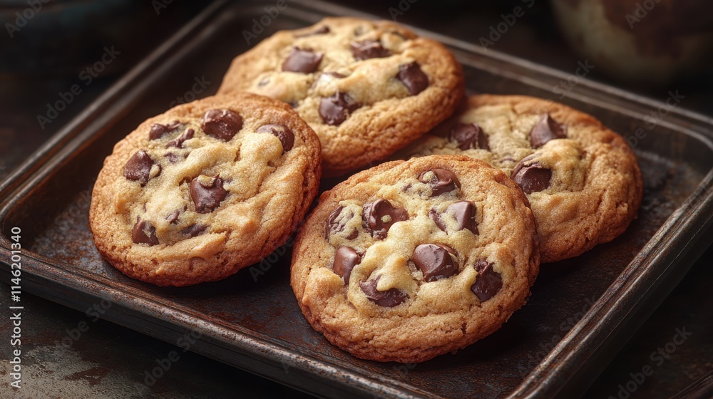 Delicious chocolate chip cookies on rustic tray.