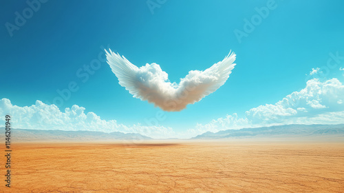 Cloud shaped like angel wings over arid desert landscape under bright blue sky photo