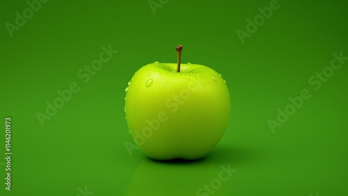 A green apple with water droplets, on a green background.

