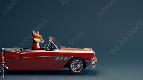 A little fox wearing a helmet driving a classic car, posing against a dark blue background,