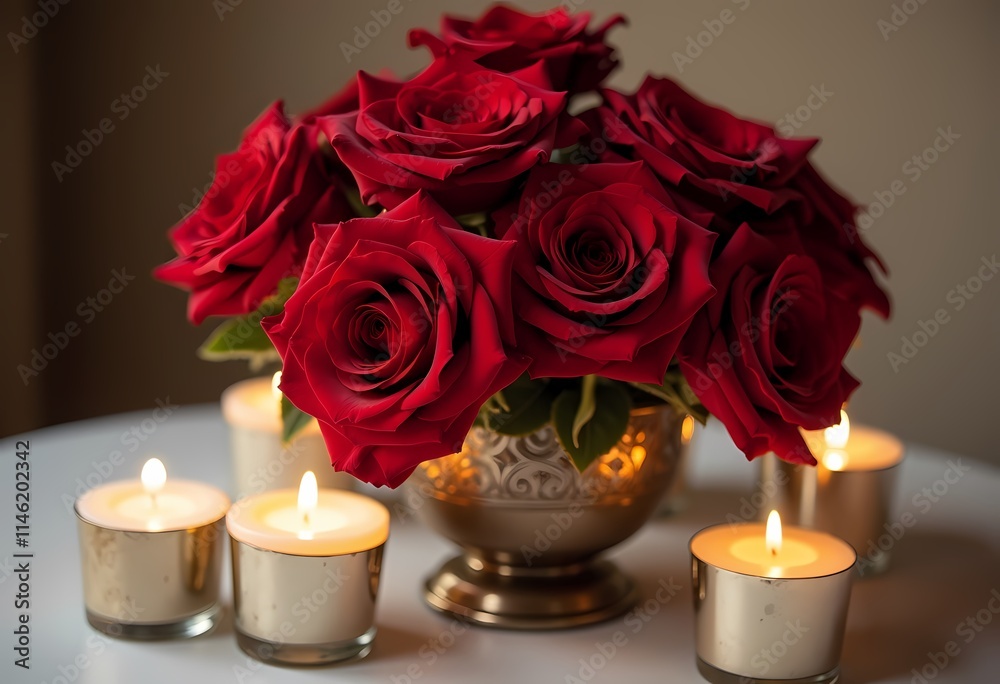 Table arrangement with lush crimson roses in ornate metal vase surrounded by soft-glowing white candles Table arrangement with lush crimson roses in ornate metal vase surrounded by soft-glowing white candles