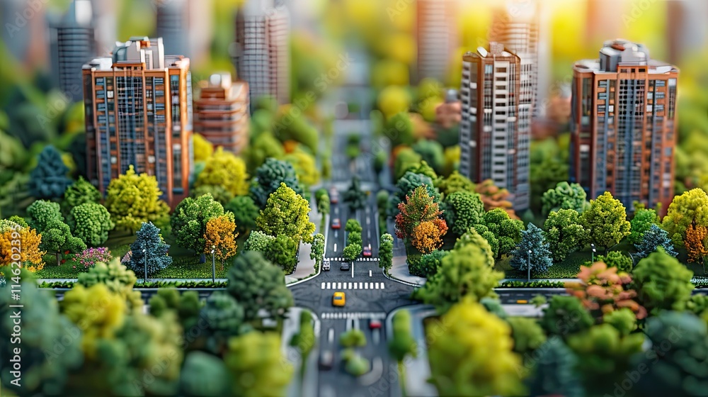 Obraz premium A miniature cityscape with vibrant greenery and urban buildings, showcasing a serene environment.