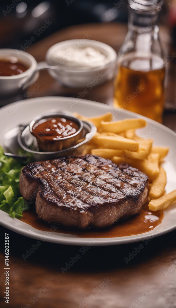 American steak at the bar with chips and gravy American steak at the bar with chips and gravy