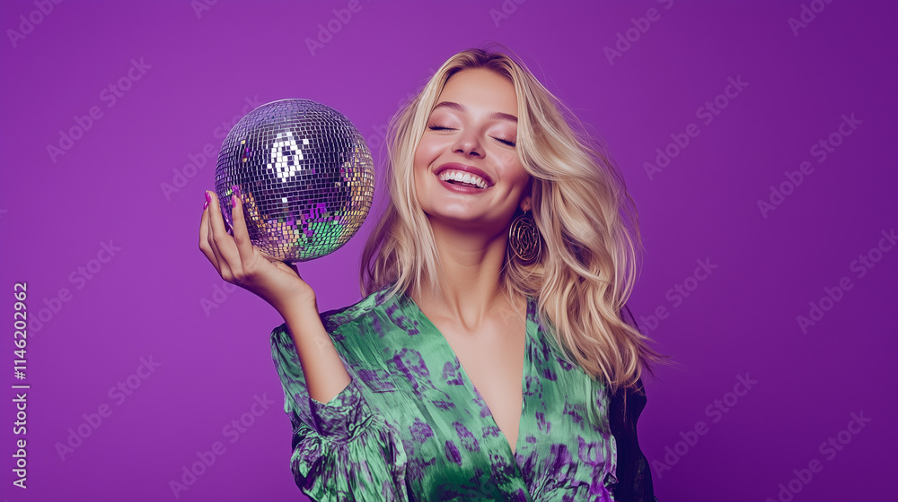 Naklejka premium Mujer con bola de discoteca fondo lila 