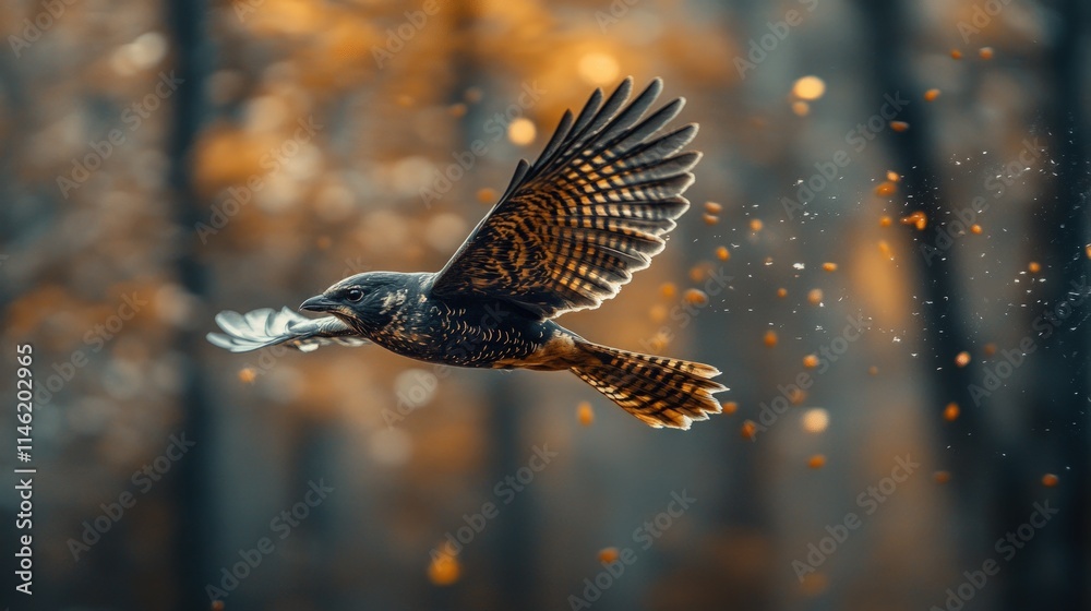 Fototapeta premium Bird in flight, wings spread, autumn forest background, catching food.